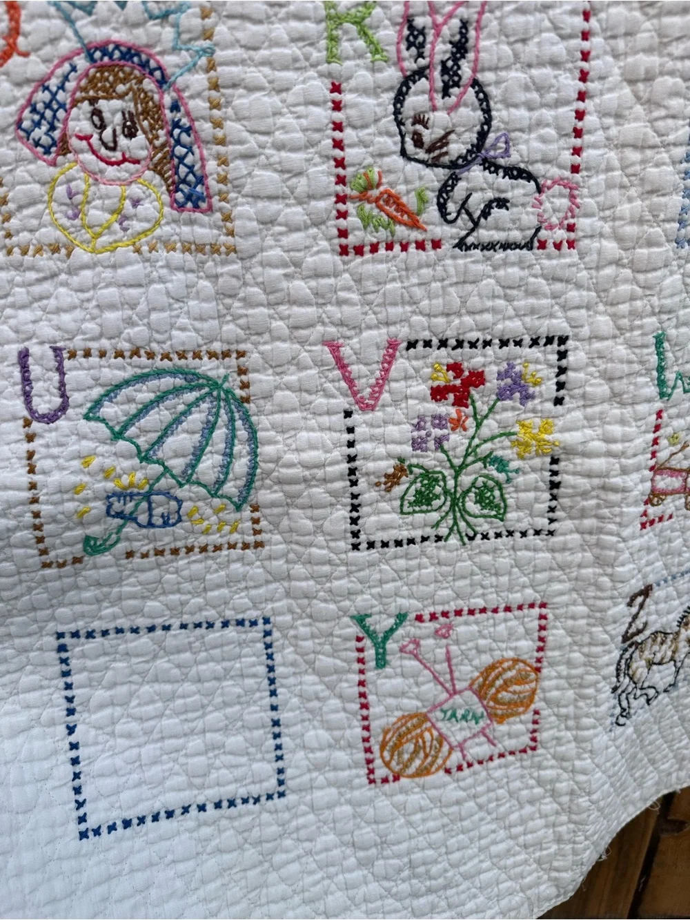 Vintage White Multicolor Embroidered Alphabet baby Blanket